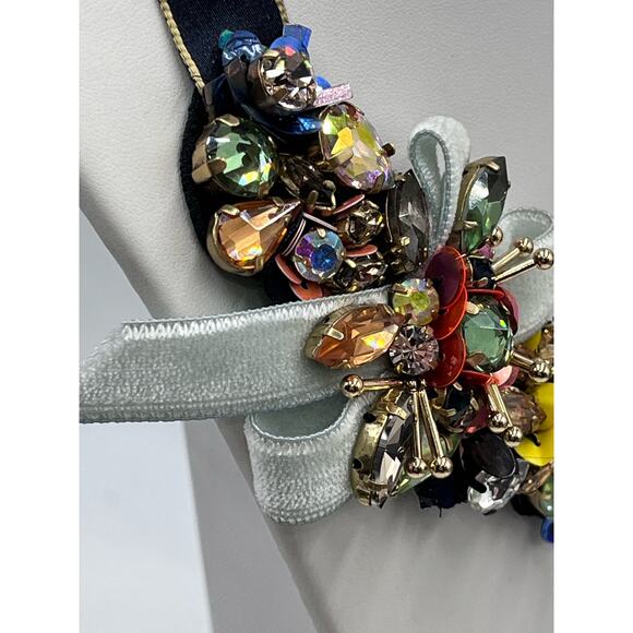 J. Crew Black Ribbon Funfetti AB Tinsel Sequin Floral Multicolor Bow necklace - Picture 10 of 16